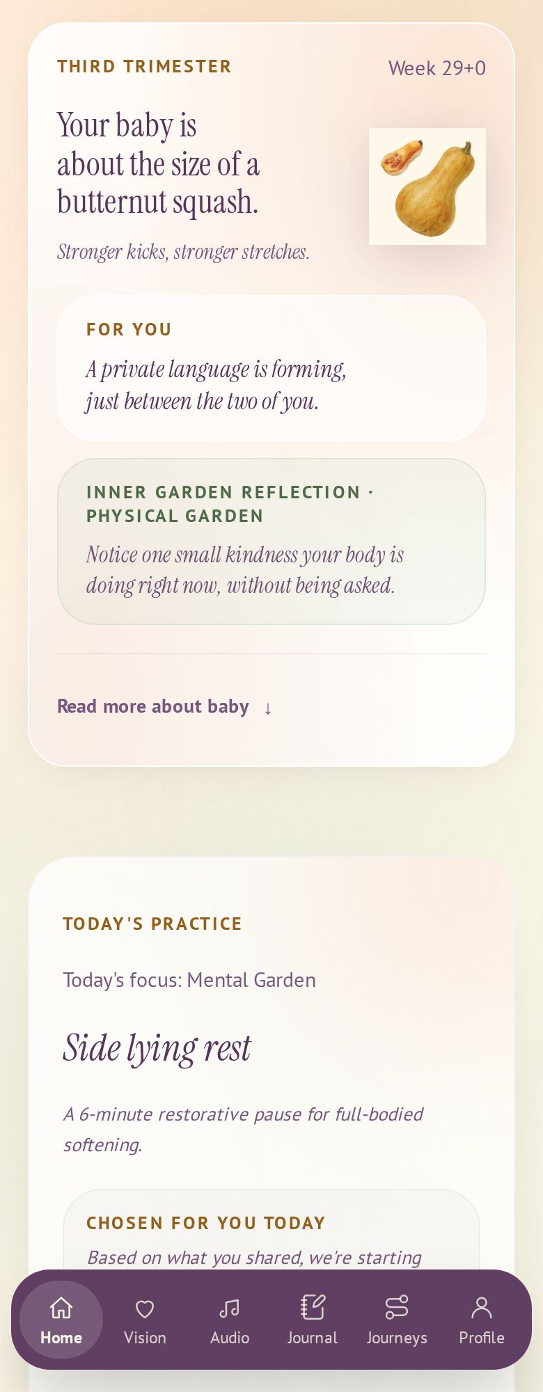 Birth Companion Home in pregnancy: the week 29 card with a baby-size illustration, followed by today's practice.