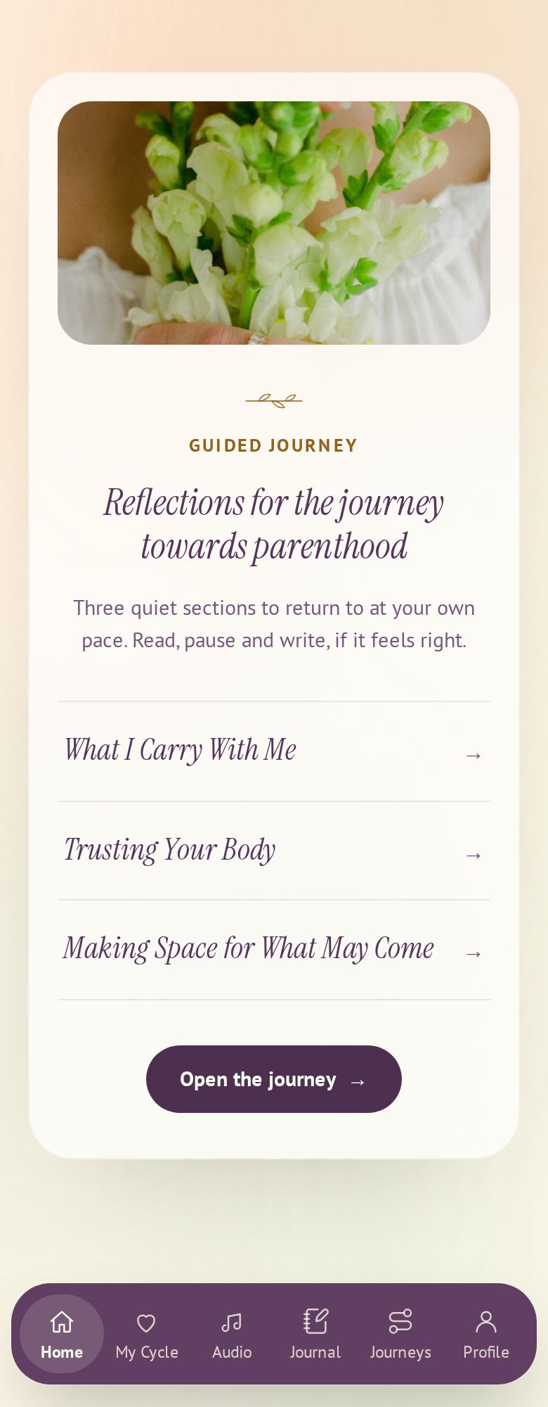 The Preparing for Parenthood guided journey on Birth Companion Home: a photograph of hands holding white snapdragons above three reflection sections.