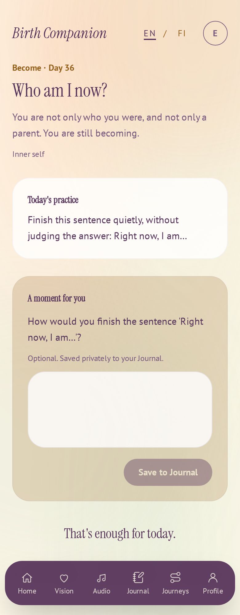 Day 36 of Your First 42 Days, Who am I now?, with today's practice and a private reflection field.